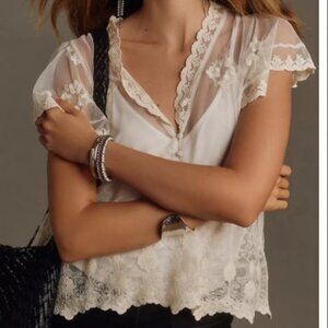 Anthropologie Embroidered Flutter-Sleeve Top